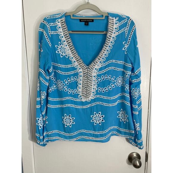 Boston Proper Blouse Small Turquoise Floral Eyelet Beaded Maximalist Artsy - Picture 1 of 6